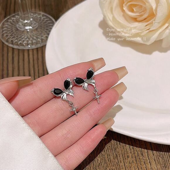 Gothic Black Butterfly Bow Dangling Cross Charm Earrings - Picture 3 of 5